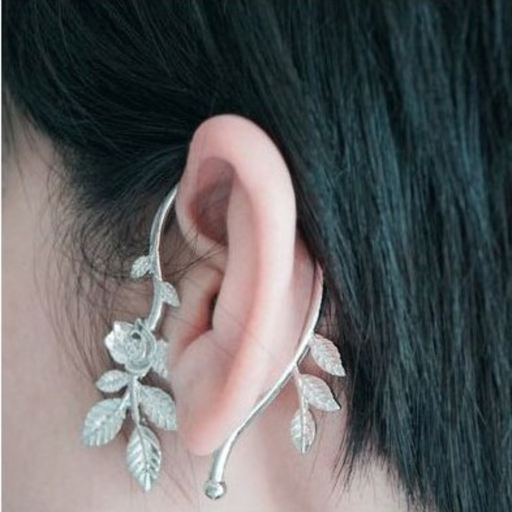 Ear Wrap ~ Silver ~ Leaves & Flower Loop